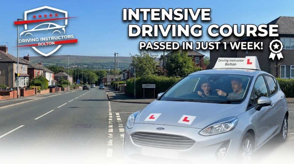 A promotional blog thumbnail for "Driving Instructors Bolton" titled "INTENSIVE DRIVING COURSE - PASSED IN JUST 1 WEEK!". The image features a silver Ford Fiesta learner car with L plates on a residential street in Horwich, with a driving instructor pointing and a student at the wheel. The "Driving Instructors Bolton" shield logo is in the top-left corner.