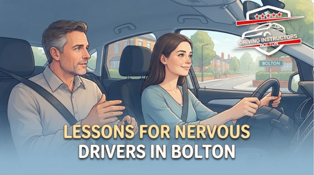 An illustrated 1376x768 blog banner featuring the "Driving Instructors Bolton" logo, a patient instructor guiding a calm student driver on a Bolton street, and the bold heading "Lessons for Nervous Drivers in Bolton."