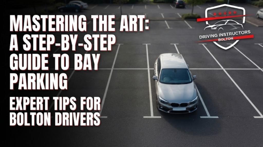 Promotional banner for "Driving Instructors Bolton" with large, bold white text on the left reading "MASTERING THE ART: A STEP-BY-STEP GUIDE TO BAY PARKING" and "EXPERT TIPS FOR BOLTON DRIVERS". On the right, an aerial view shows a silver car parked in a marked bay, with the company logo in the top-right corner.