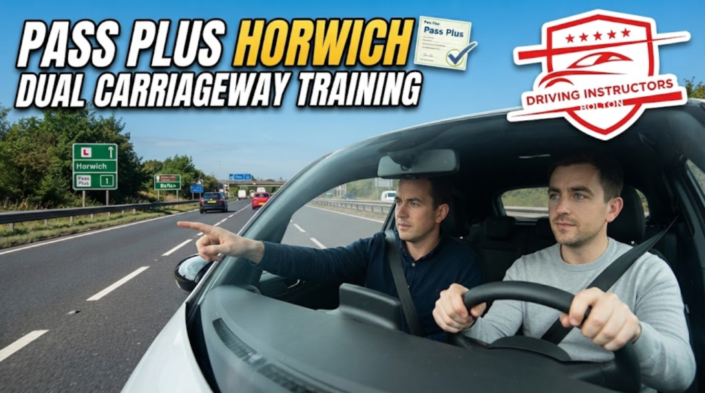thumbnail graphic for "Driving Instructors Bolton". The main image is a photo from inside a car on a UK dual carriageway, with an instructor pointing out the window to a learner driver. A large text overlay in the top-left corner reads "PASS PLUS HORWICH DUAL CARRIAGEWAY TRAINING". A small "Pass Plus" certificate icon is at the top-center, and a red shield logo for "Driving Instructors Bolton" is at the top-right. Road signs for "Horwich" and "Pass Plus" are visible outside.
