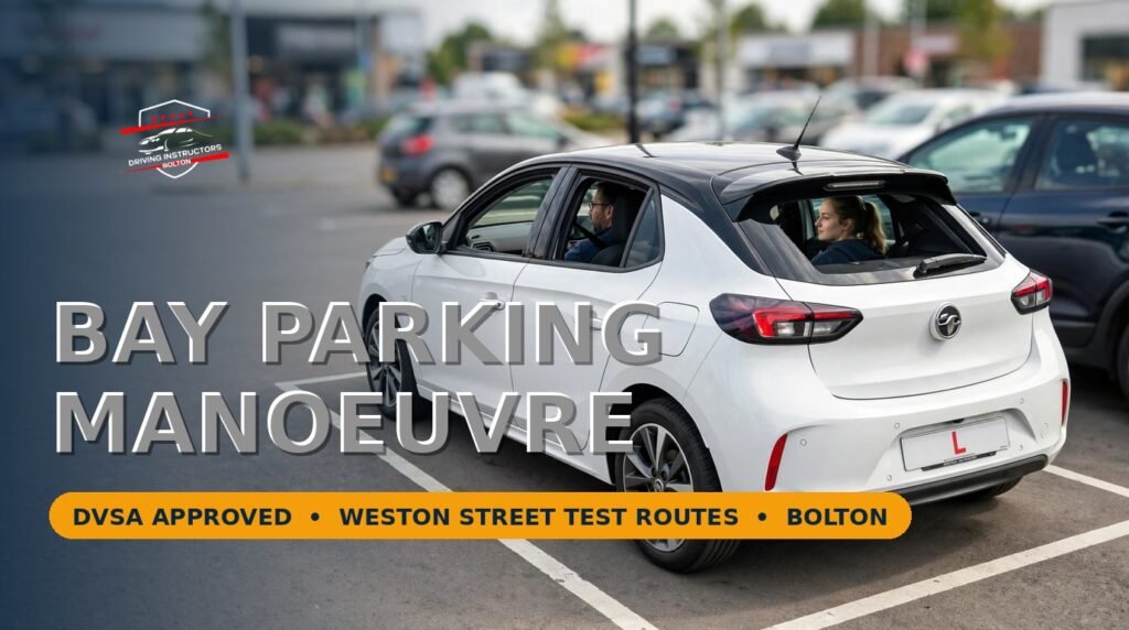 Learner practising the bay parking manoeuvre in Bolton with a driving instructor