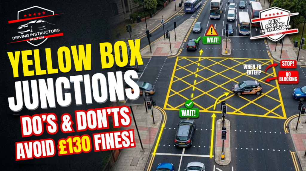 An overhead aerial view of a busy UK yellow box junction, with correct waiting points and turning behaviors annotated next to bold text reading "YELLOW BOX JUNCTIONS: DO'S & DON'TS, AVOID £130 FINES!", featuring the Best Driving Instructors Bolton logo.