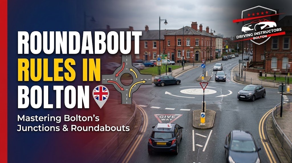 A blog thumbnail in 1376x768 resolution featuring "Roundabout Rules in Bolton" on a dark blue and red gradient overlay. A realistic photographic background shows a busy multi-lane British roundabout in Bolton with road markings like "GIVE WAY," traditional red-brick buildings, and multiple cars, including a driving school car with an "L" plate. Illustrated roundabout lane graphics with red and yellow arrows appear next to the title text. In the top right corner is the "Driving Instructors Bolton" logo featuring red stars, slash marks, and car graphics.