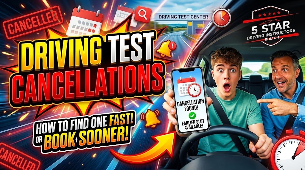 thumbnail about finding driving test cancellations in Bolton featuring two surprised people in a car looking at a "Cancellation Found!" mobile alert next to an instructor.